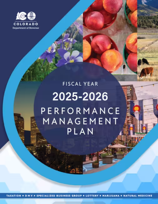 Blue annual report cover for fiscal year 2025 2026 with stock images of peaches, columbines, cows and Denver skyline.