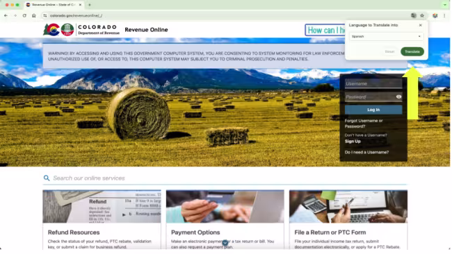 Chrome browser Language to Translate into is Spanish.