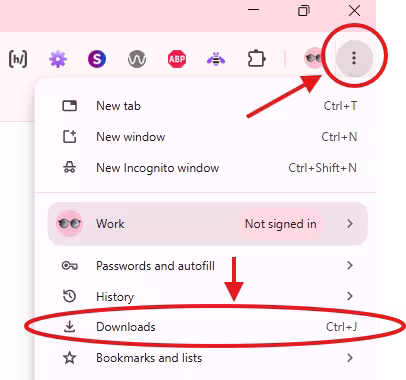 Google Chrome browser menu open with red arrows pointing to the three-dot settings icon and the Downloads option.