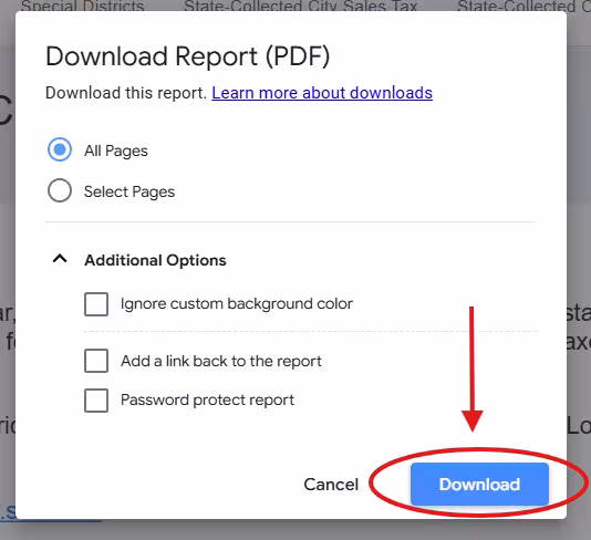 Download Report PDF modal window with a red arrow and circle highlighting the blue Download button.