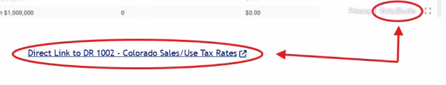 Webpage view showing a red arrow pointing to a circled 'Data Studio' logo and a circled hyperlink for 'Direct Link to DR 1002 - Colorado Sales/Use Tax Rates'.