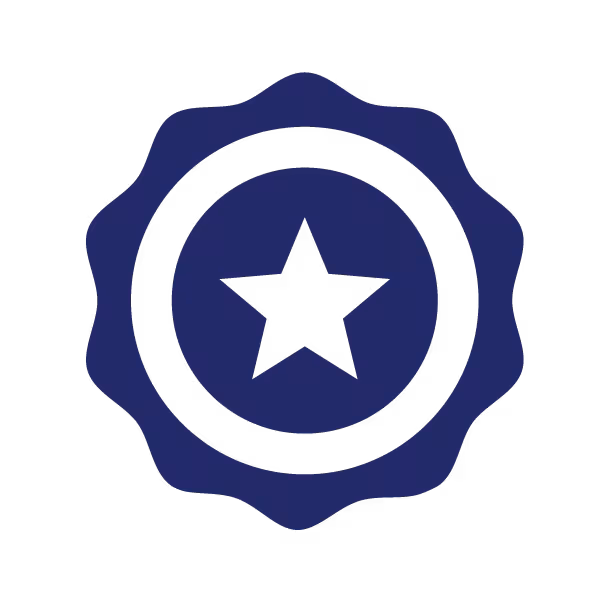 Blue icon of a badge or shield with a white star in the center.