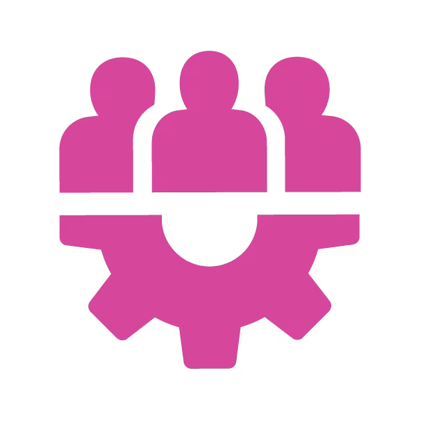 Pink silhouette of 3 people on the top and a half of a gear icon underneath the people