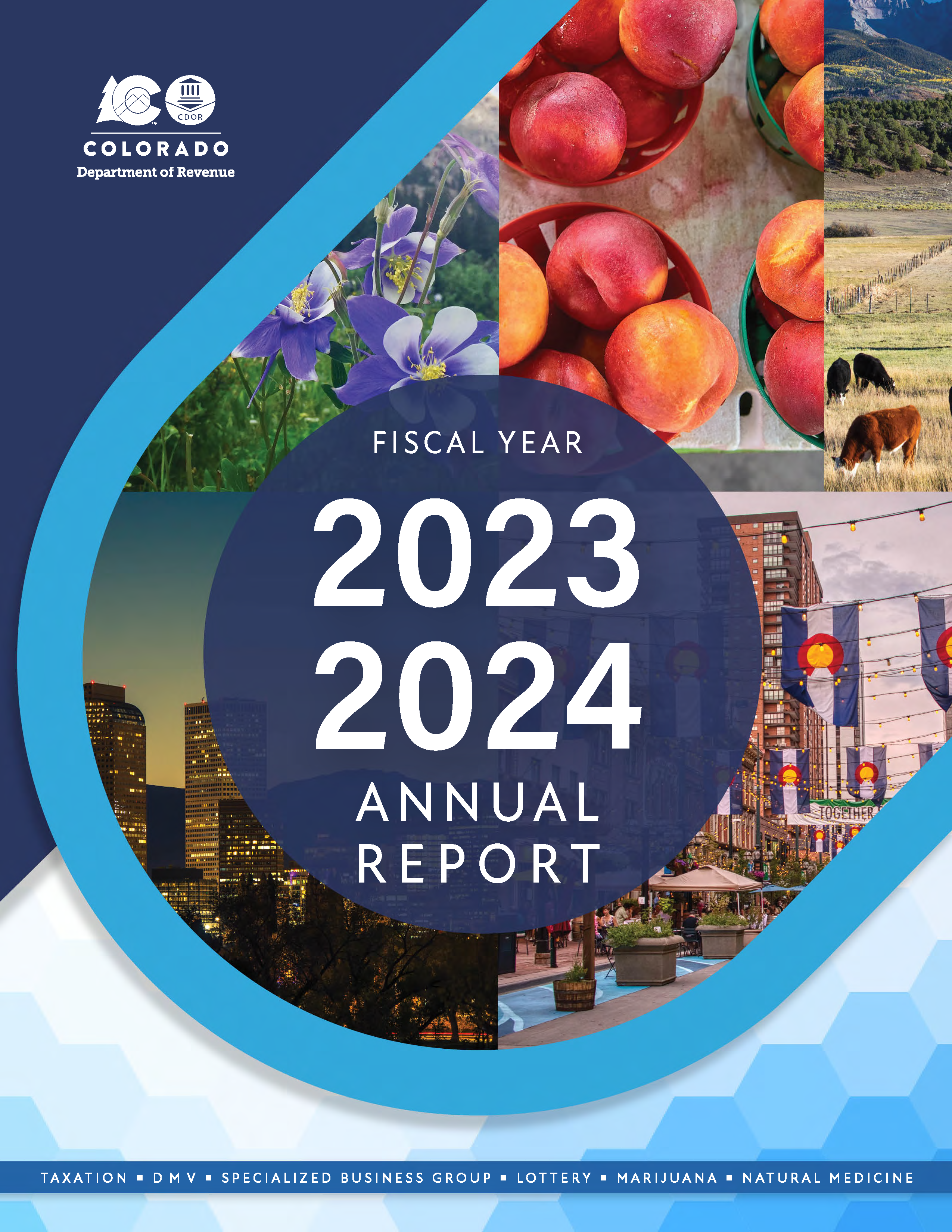 Blue annual report cover for fiscal year 2023 2024 with stock images of peaches, columbines, cows and Denver skyline.