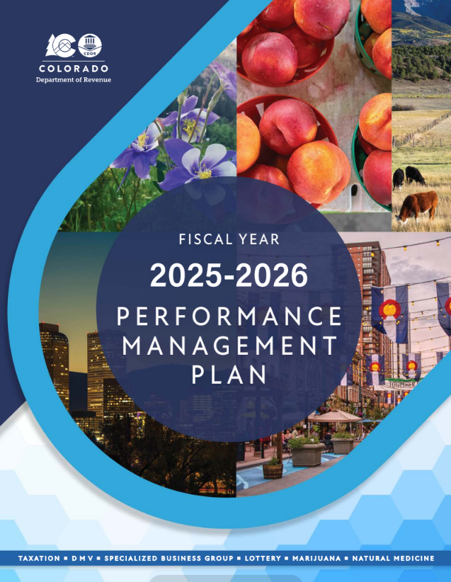 Blue annual report cover for fiscal year 2025 2026 with stock images of peaches, columbines, cows and Denver skyline.