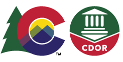 CDOR Logo of large C next to evergreen tree and line art mountains in the center of the C. Circular icon of government building in a green circle over the name CDOR.