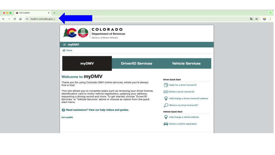 Screenshot of myDMV pointing to the URL field in Chrome browser.