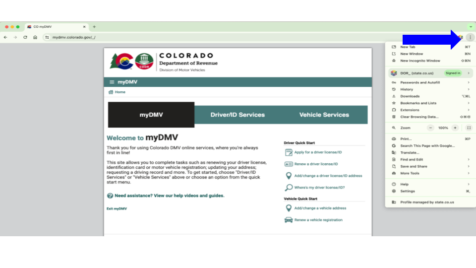 Screenshot of Chrome window with myDMV open and arrow pointing to 3 vertical buttons in Chrome controls.