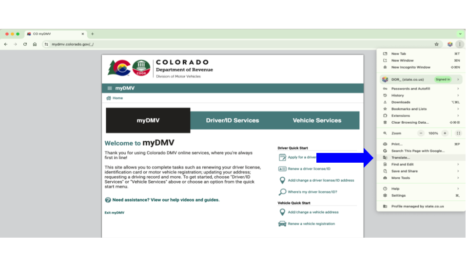 Chrome window with myDMV open and the Chrome control dropdown expanded and an arrow pointing to Translate.