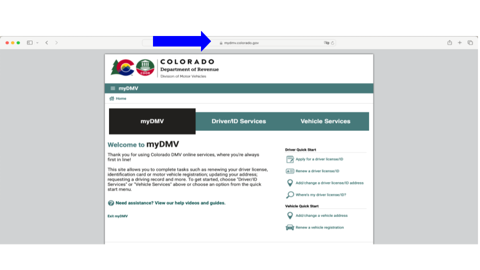 Safari browser open with myDMV in the URL field