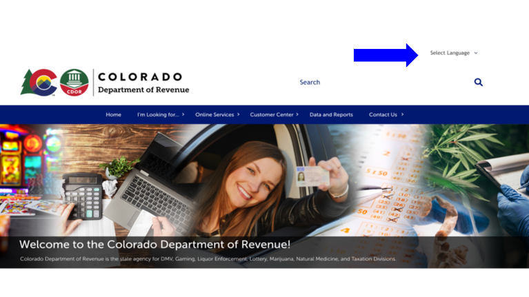 Screenshot of the CDOR home page with an arrow pointing to Select Language