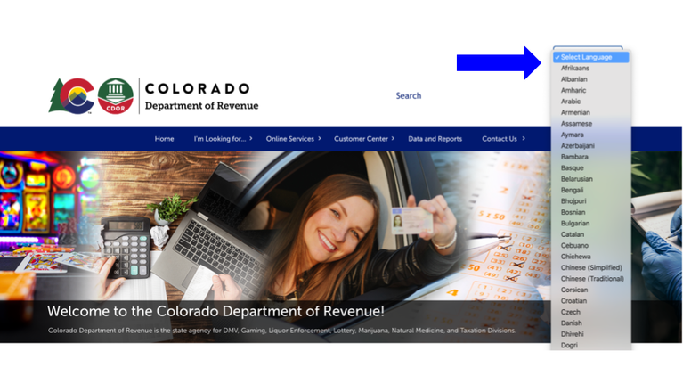 Screenshot of CDOR home page with the Select Language menu expanded to show all languagues