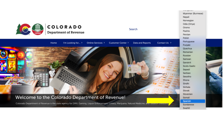 Screenshot of CDOR home page with Google Languages dropdown menu open and Spanish is highlighted with an arrow.