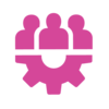 Pink silhouette of 3 people on the top and a half of a gear icon underneath the people